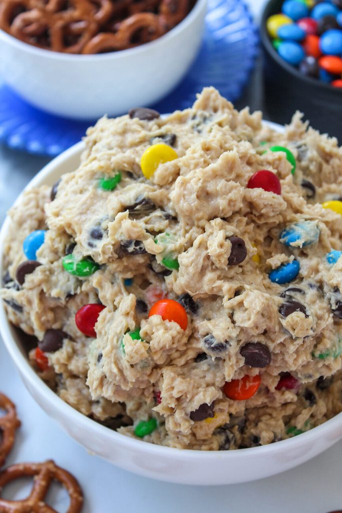 Close‑up of monster cookie dough dip showing its creamy, chunky texture
