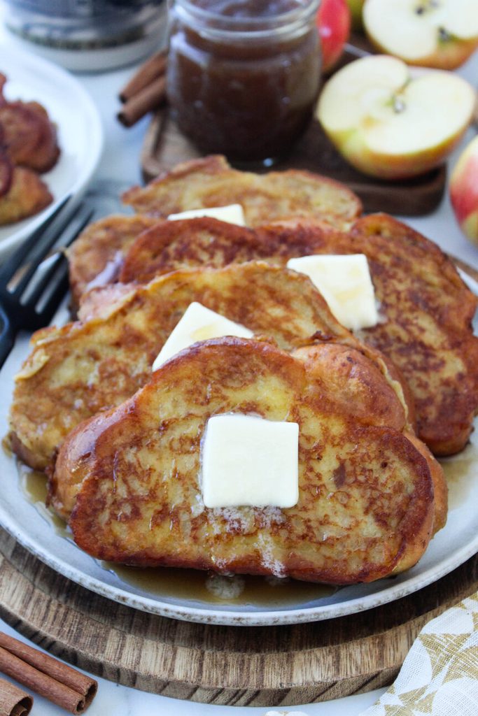 Crispy, buttery French toast with apple butter swirled into the custard
