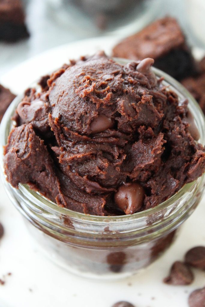 Edible brownie batter with a dark, rich chocolate color and creamy texture