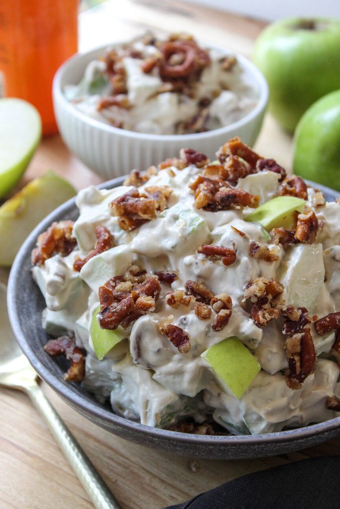 Close up of caramel apple crackle salad showing creamy texture and apple chunks