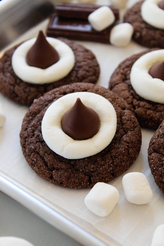 Hot cocoa cookie blossoms with rich cocoa color and chocolate kiss centers