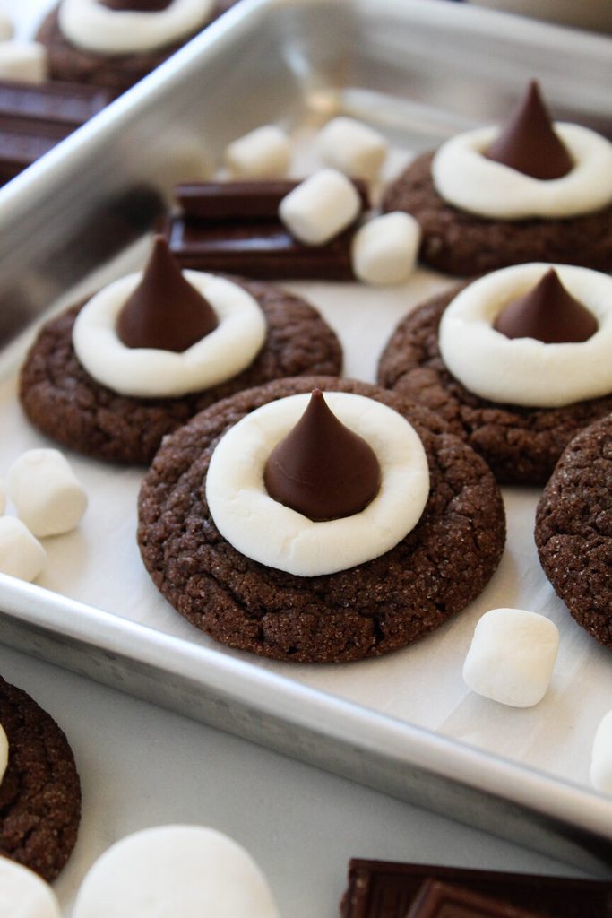 Hot cocoa cookie blossoms with warm winter lighting