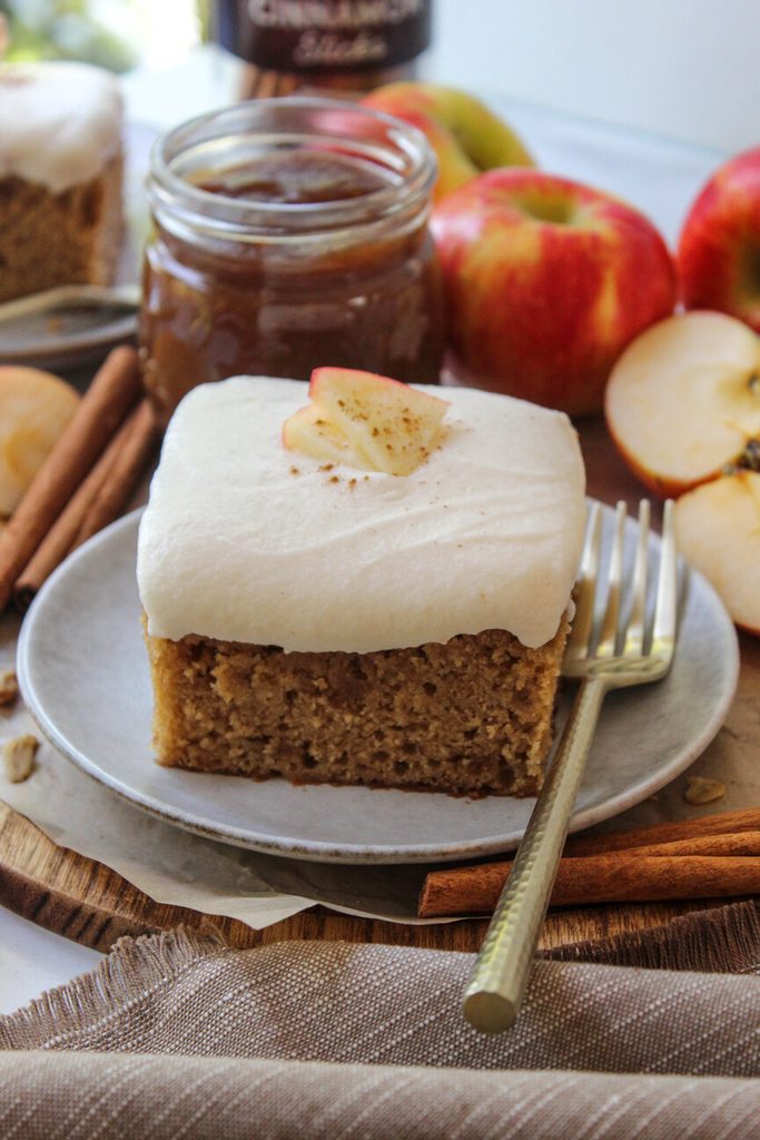 Close‑up of moist apple butter cake showing soft crumb texture
