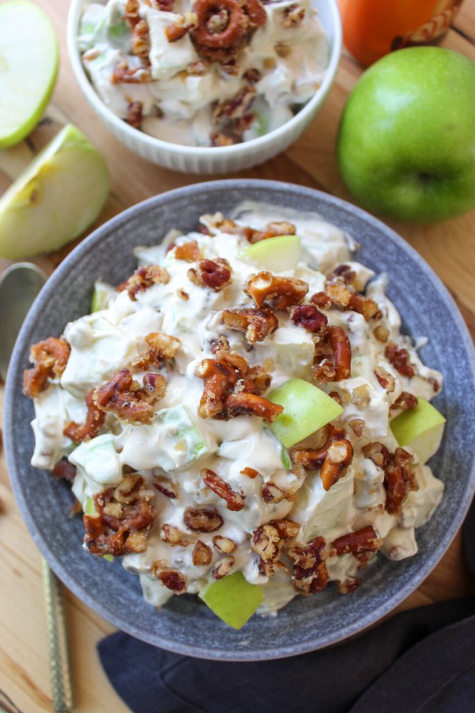 Overhead shot of caramel apple crackle salad with fresh apple slices